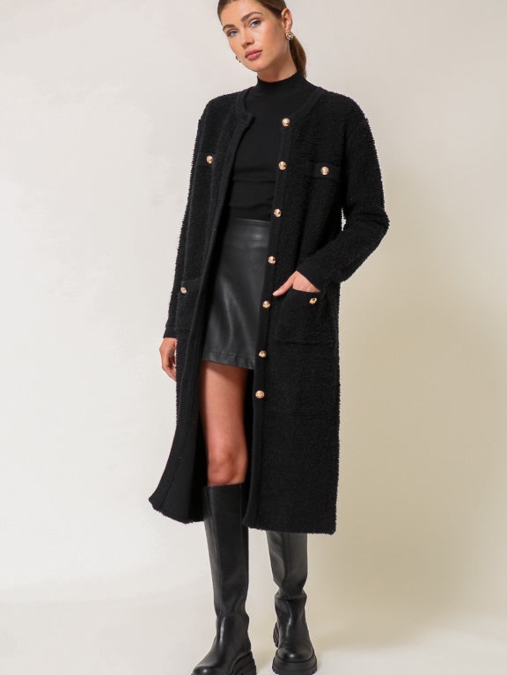 Line and Dot Ivy Black Bouclé Long Cardigan Chic Layering